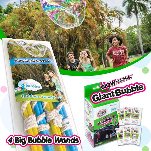 4 Big Bubble Wands and 6-pack WOWmazing Bubble Refill - Makes 6 Gallons! - South Beach Bubbles